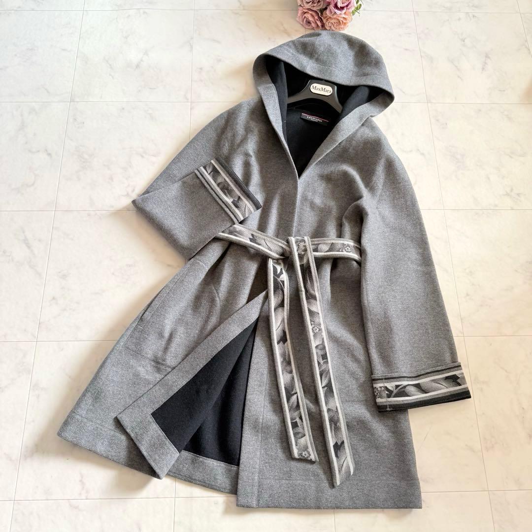 美品★レオナール フーデッドコート ダブルフェイス 花柄 トリム ベルト XL