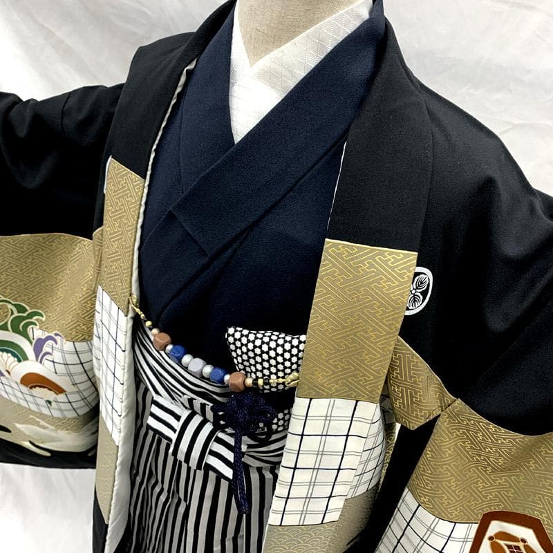 507ab16■七五三 五歳 男児 着物&羽織&袴&角帯 五つ紋 鷹 ■美品