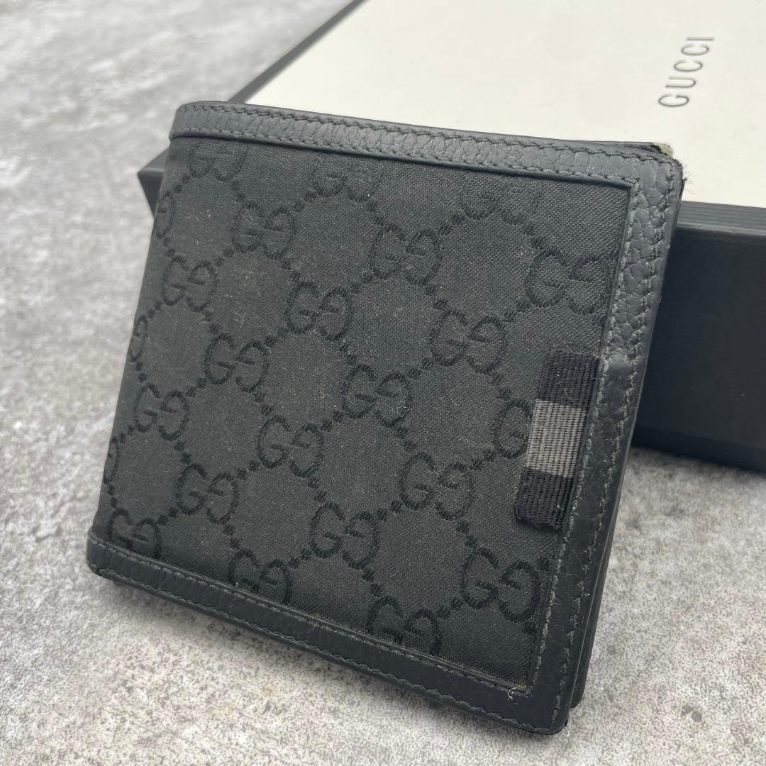 【美品】GUCCI グッチ 折り財布 黒 ブラック キャンバス GG総柄