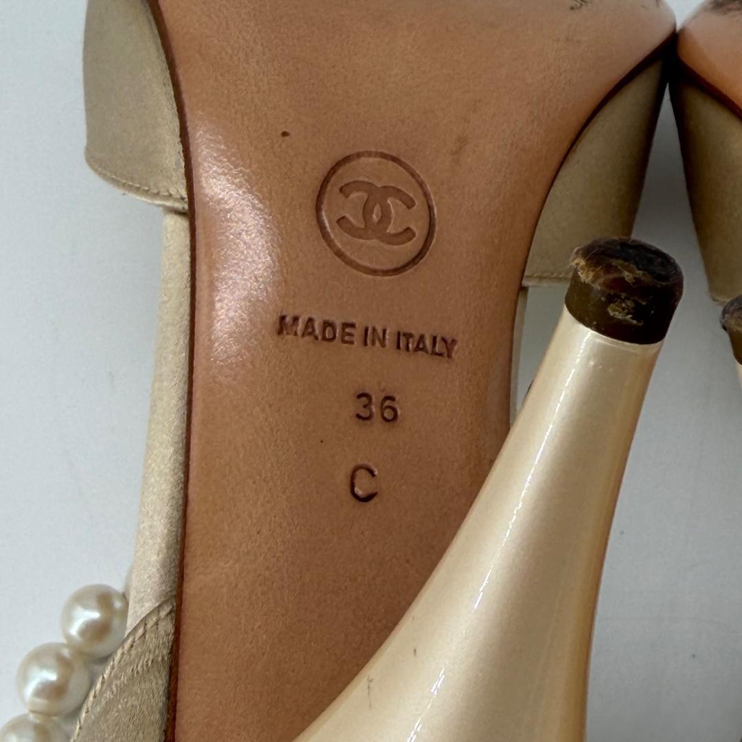 15360✨CHANEL サテンパンプス パールストラップ 36 ゴールド