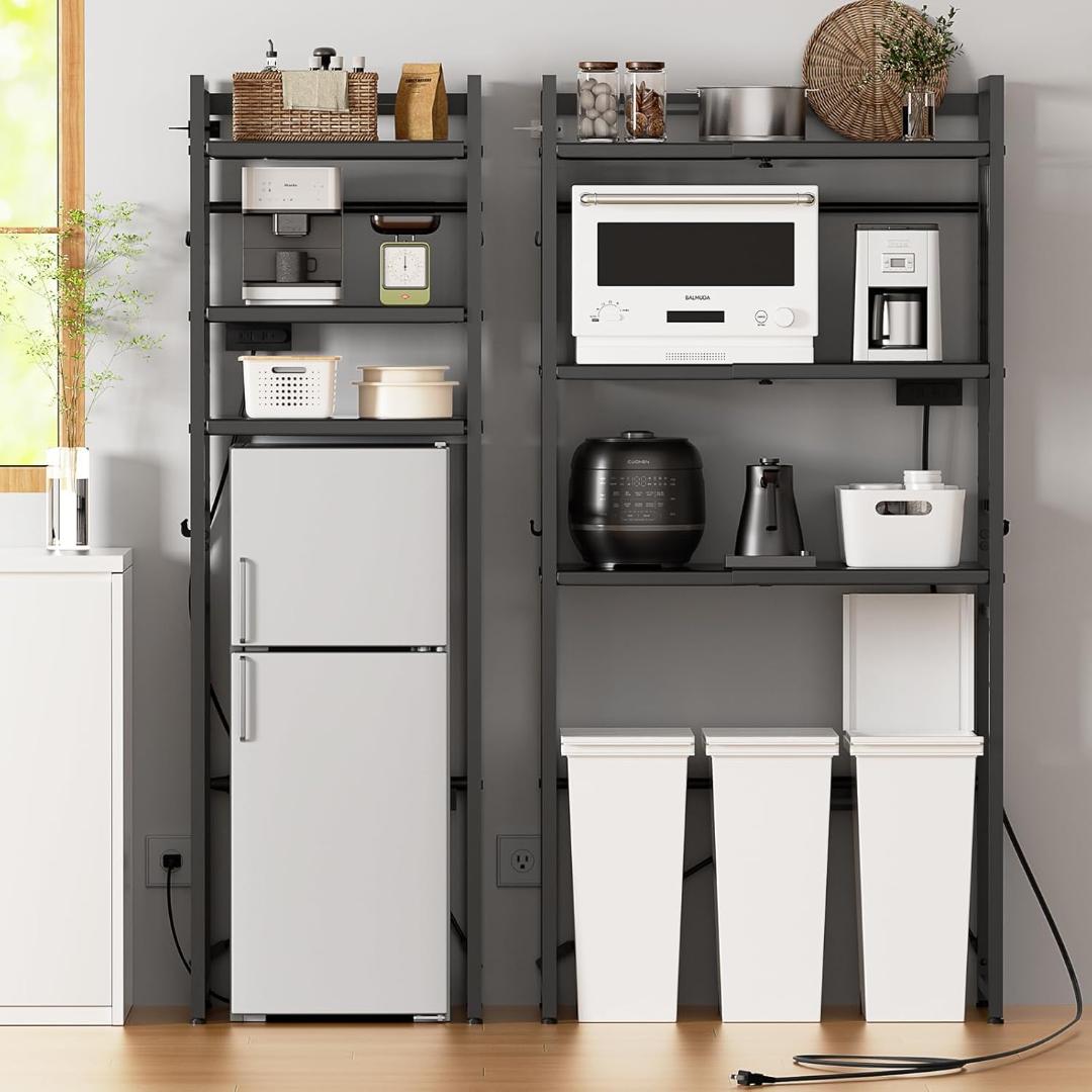 【幅伸縮・2口コンセント・高さ調整】冷蔵庫上ラック YDH ゴミ箱上ラック キッ