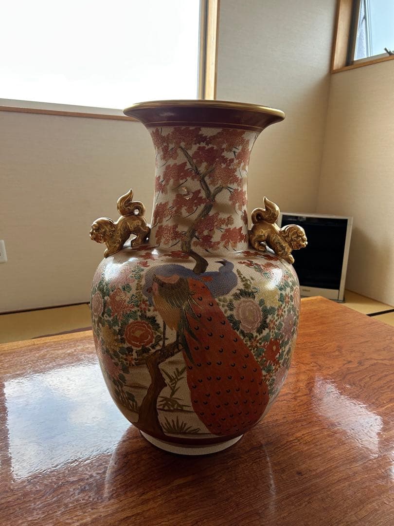 薩摩焼 大型 双耳花瓶 飾壺 獅子耳 花柄 金彩 両耳付 花瓶 フラワーベース