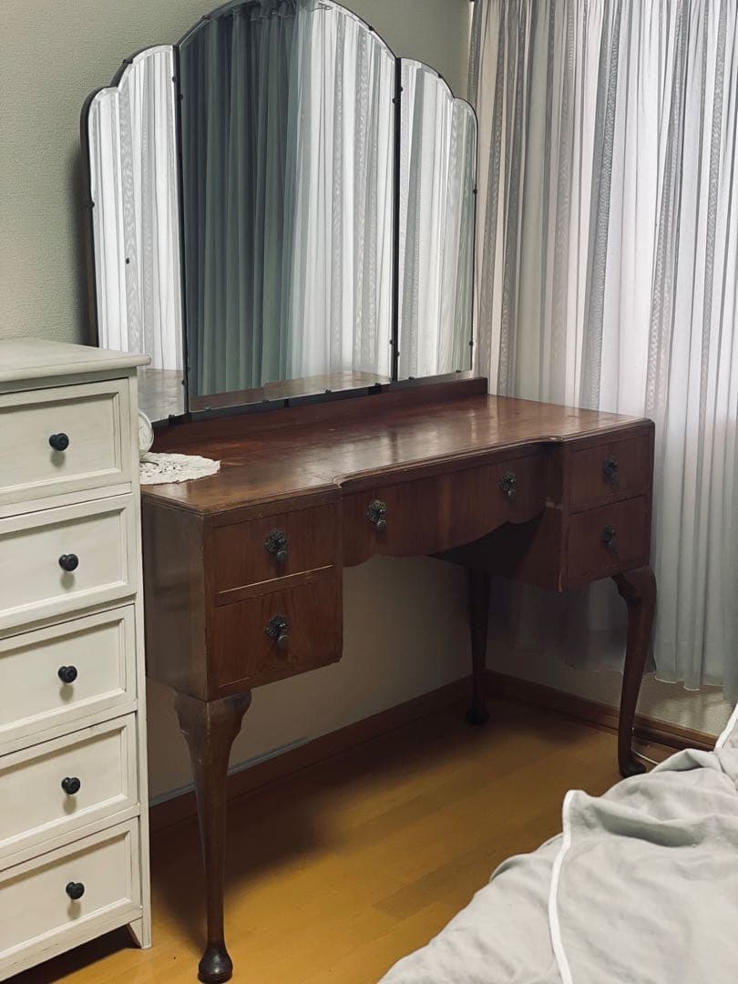 アンティーク猫足 木製三面鏡ドレッサー／英国 ブラウン 室蘭市引取or発送可