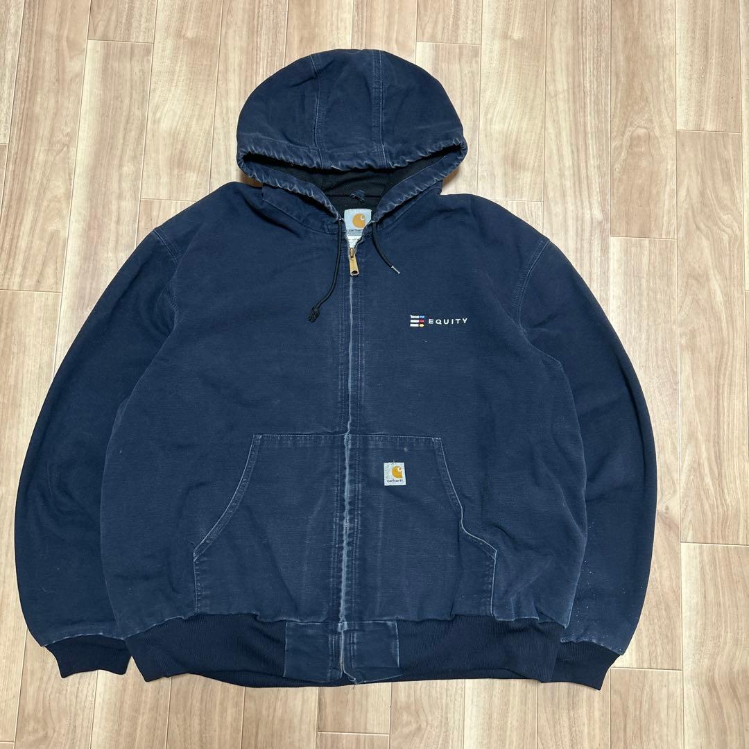 【USA製】carhartt アクティブジャケット　ネイビー　企業ロゴ