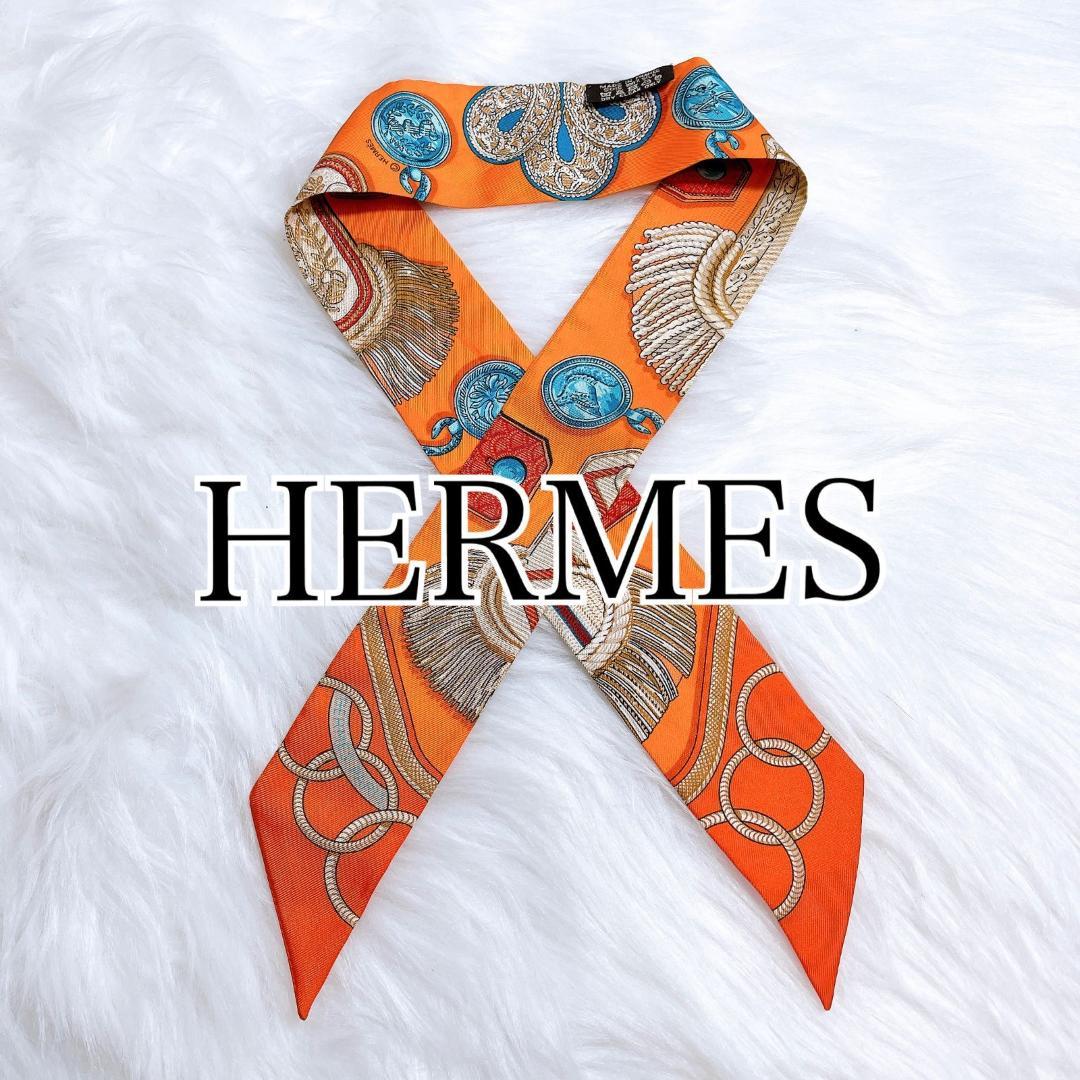 美品　エルメス　ツイリー　シルクスカーフ　ズアヴ　ドラゴン　オレンジ