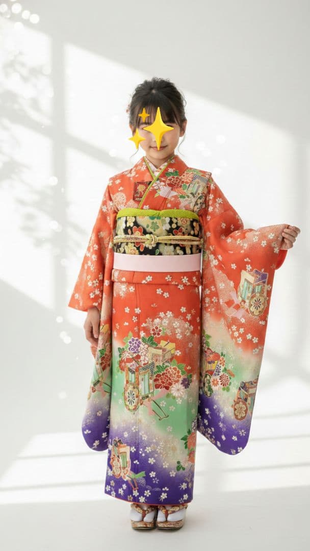 7歳　正絹朱桜御所車　七五三　お着物・作り帯・筥迫セット