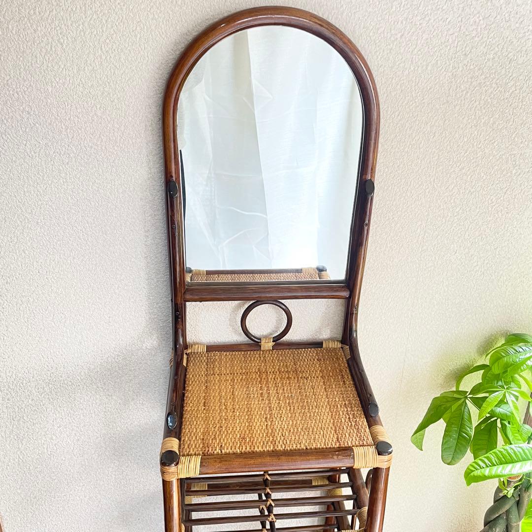 【ラタン ミラー付きラック】ヴィンテージ 収納棚 ドレッサー レトロ 籐