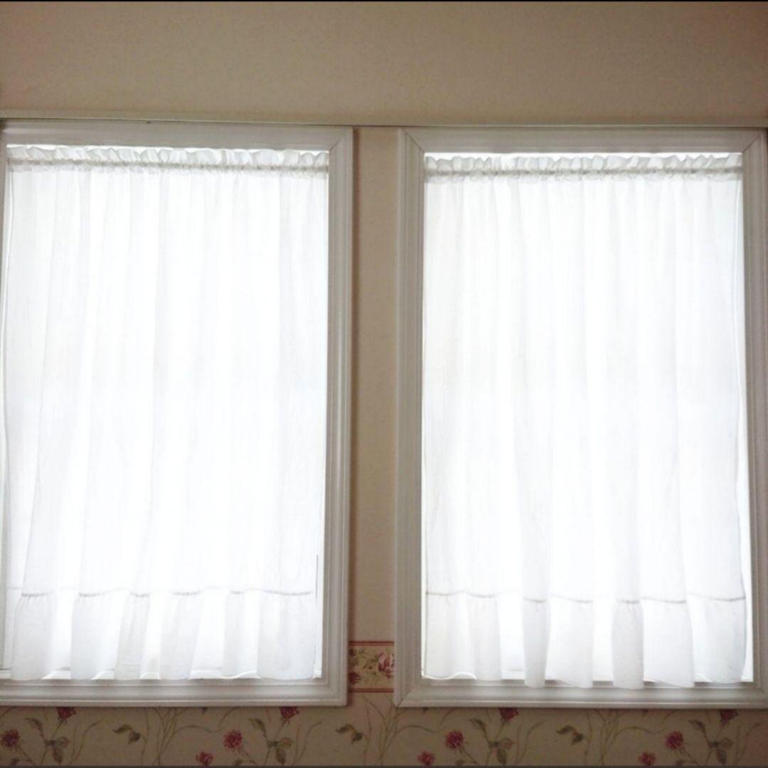 ホワイトコットン♪両開きフリルカフェカーテン♡︎サテンリボンクリップ付き