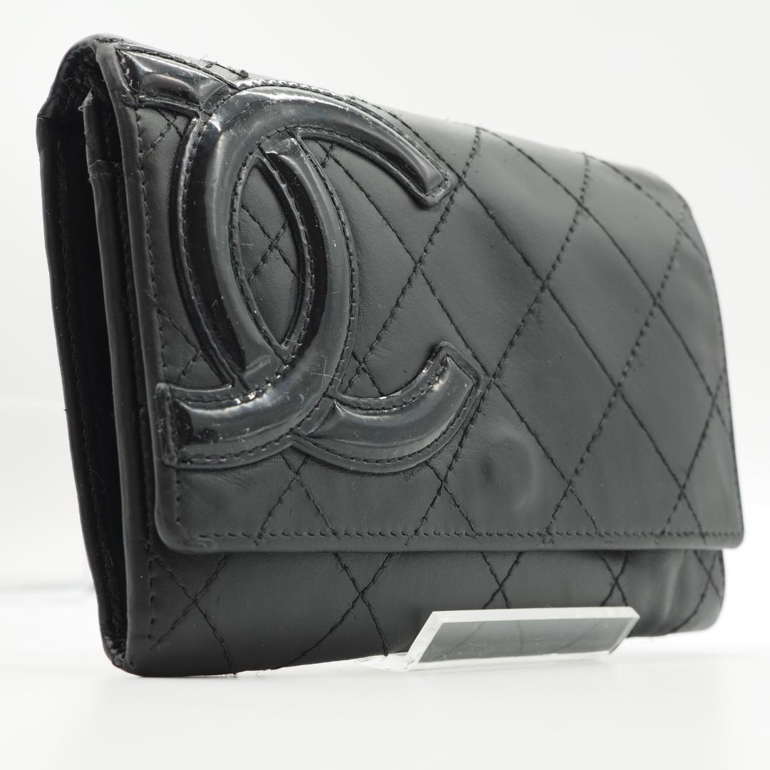 CHANEL シャネル カンボンライン 二つ折り財布 黒×ピンク