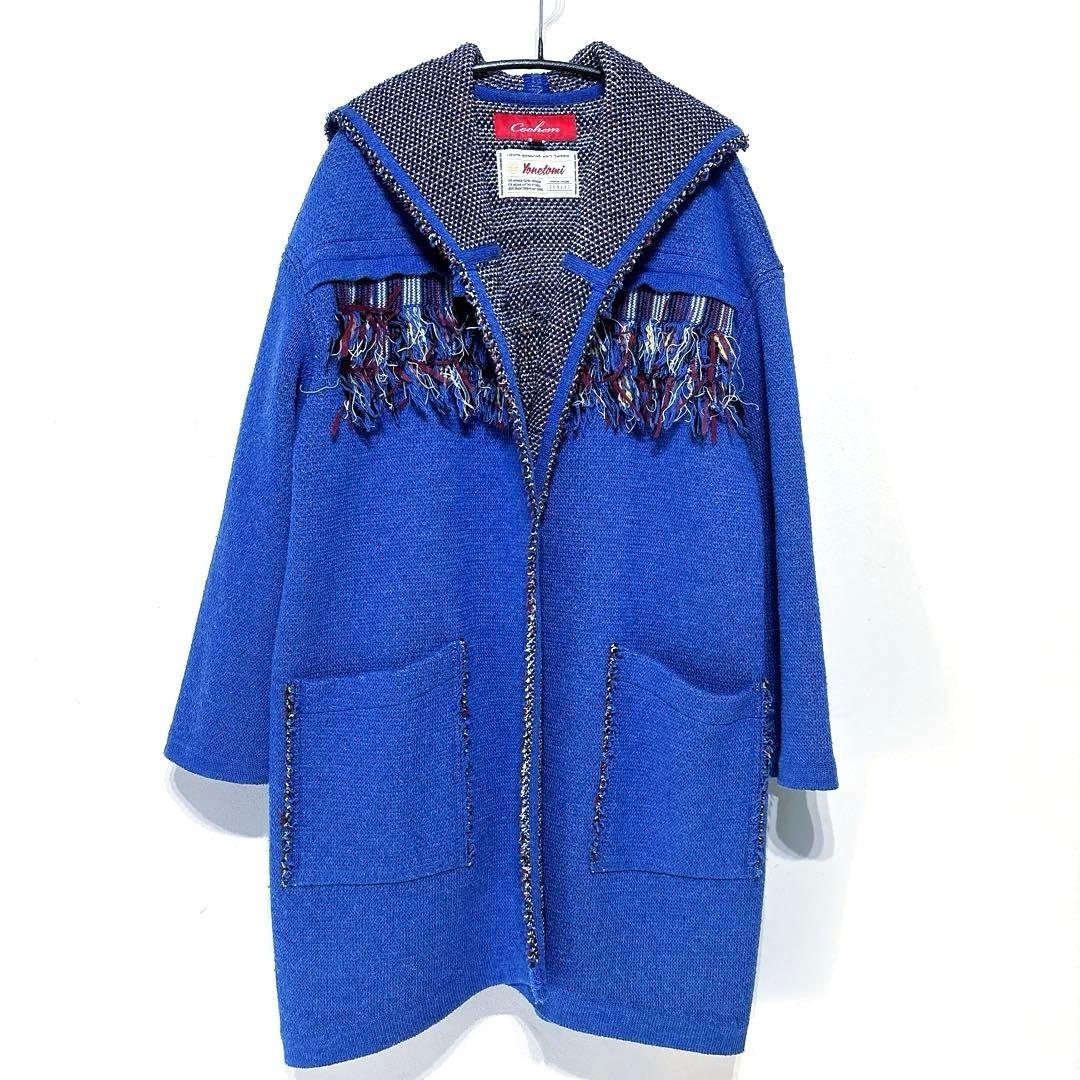 COOHEM YONETOMI ニットツイードフーディカーディガン M ブルー