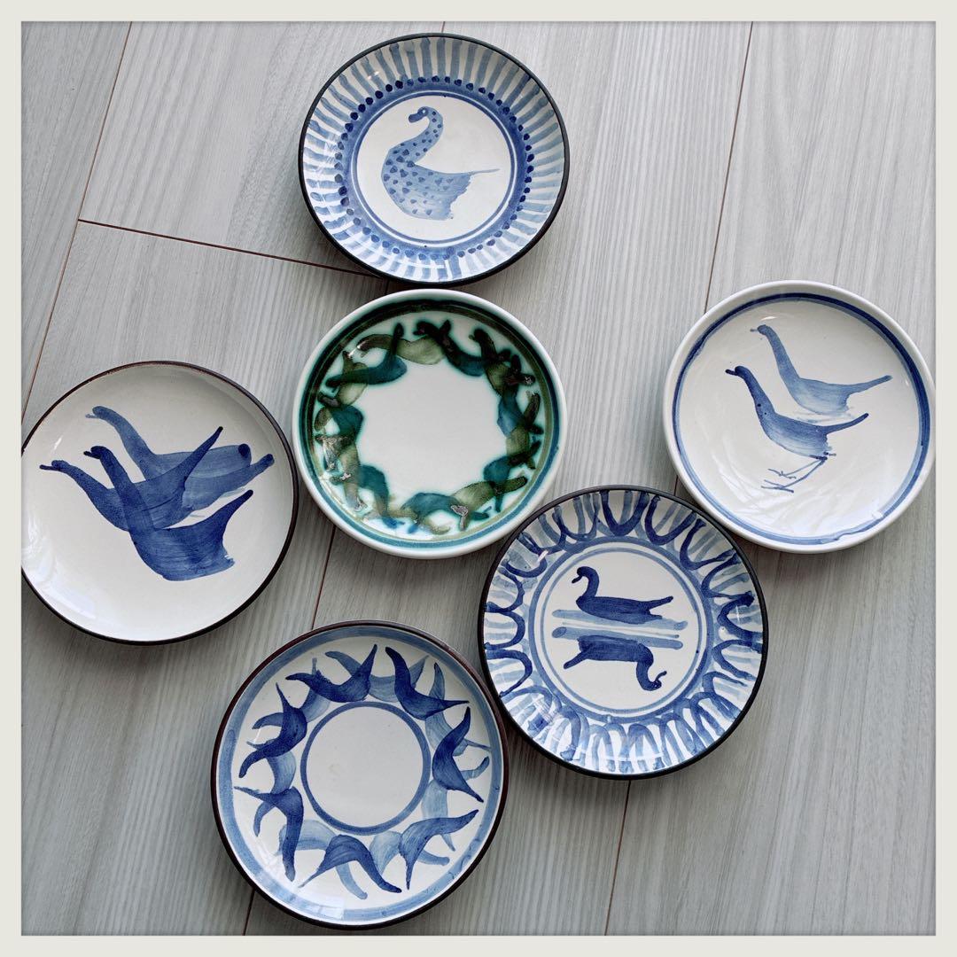 英国ヴィンテージ　RyePottery Wally Coll作　小鳥小皿x6枚組
