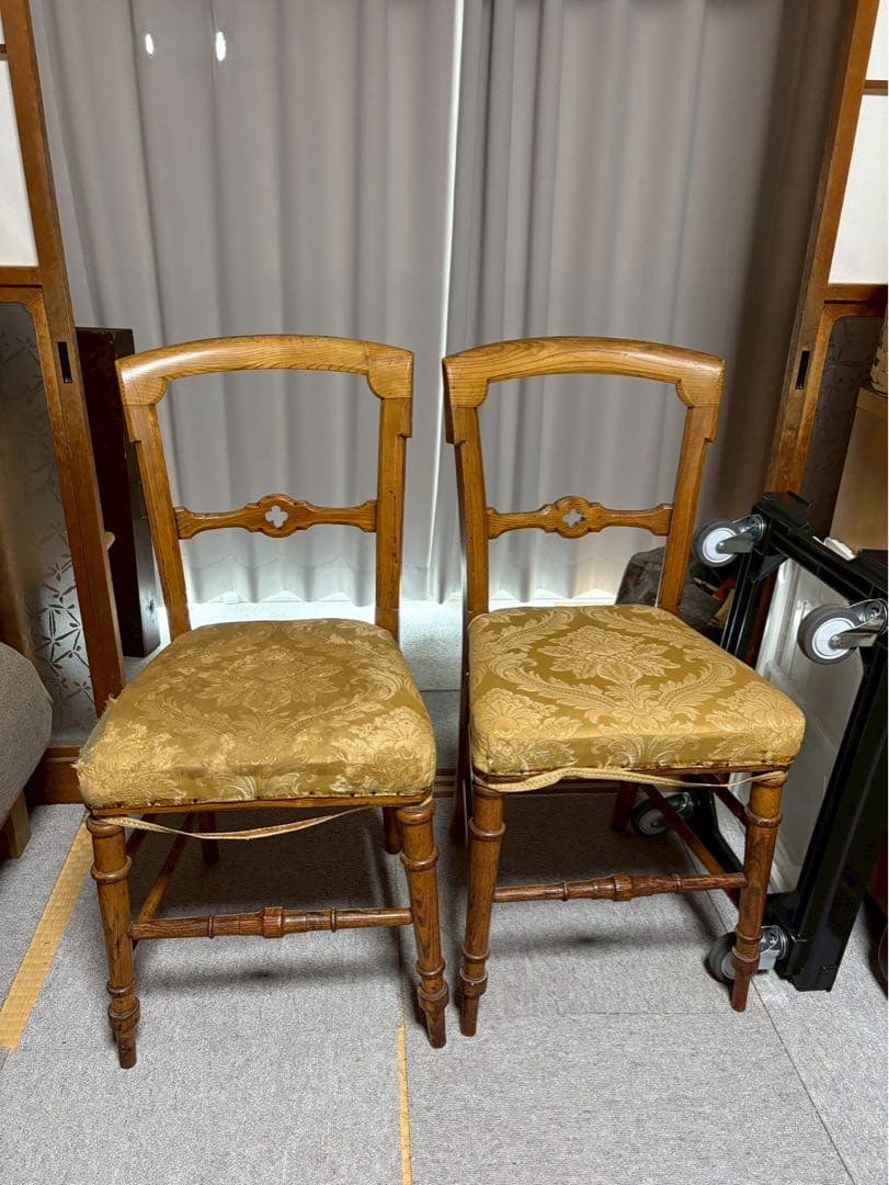 アンティーク調 木製ダイニングチェア 2脚セット 布張り　当時物　昭和レトロ