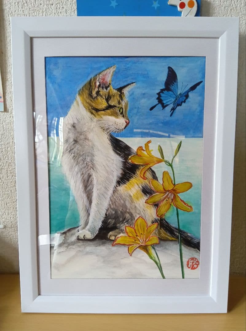 手描き水彩画　三毛猫　絵画