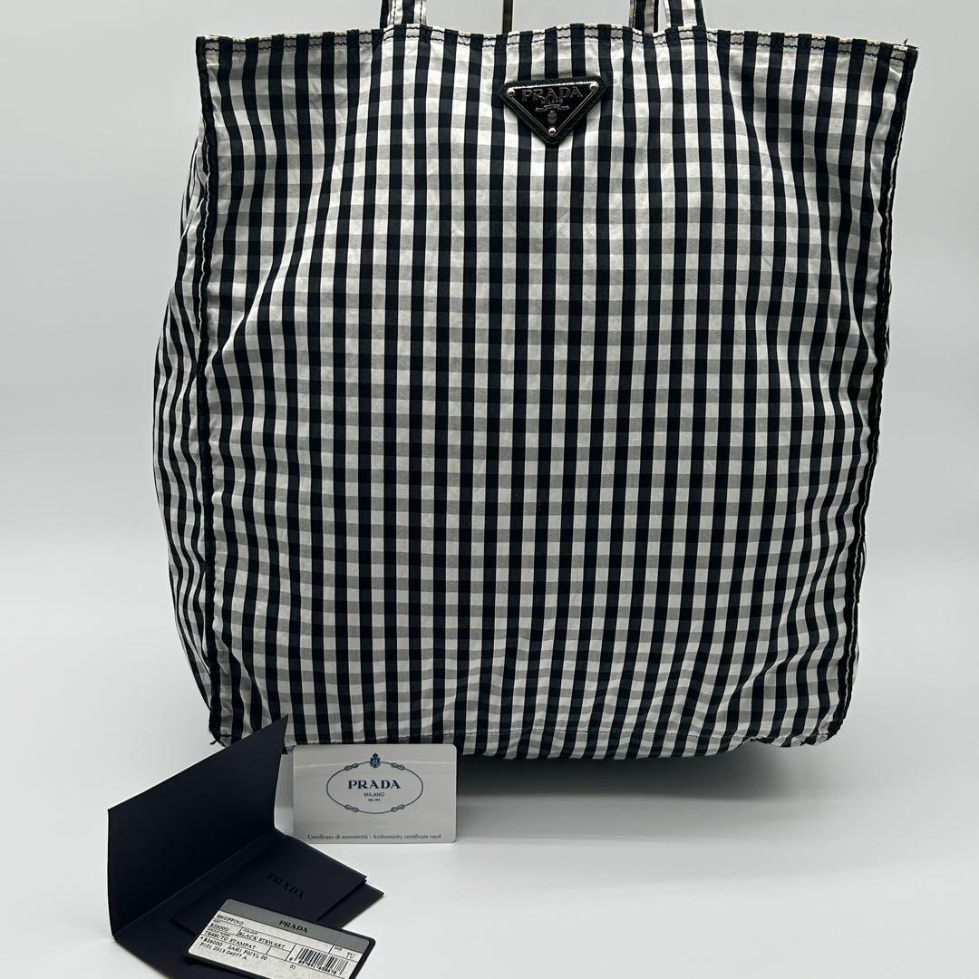 PRADA ギンガムチェック トートバッグ 三角ロゴ 大容量 ブラック 白タグ