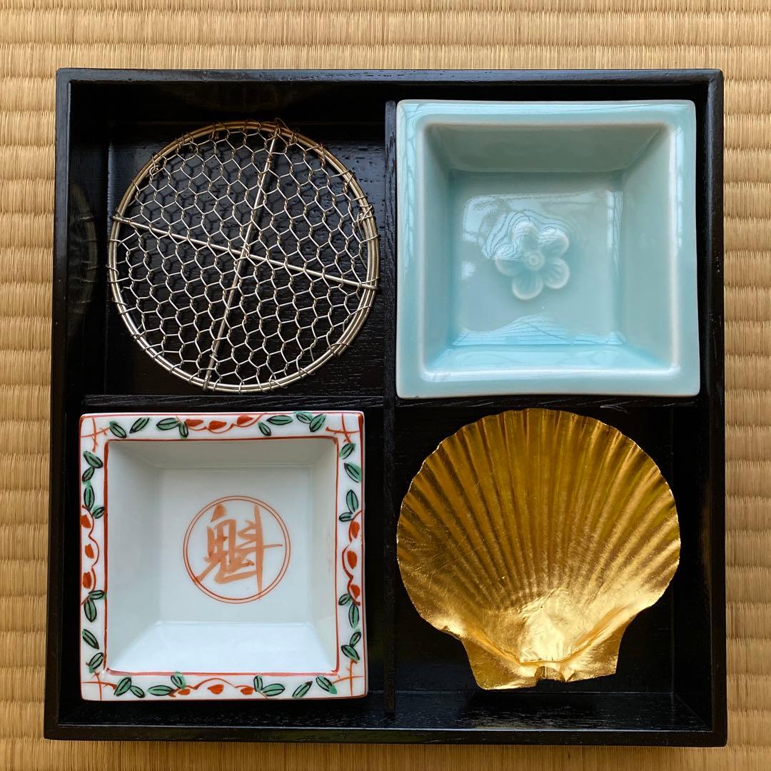 お値下げ　松花堂弁当箱　金箔貝皿付き　五客　A