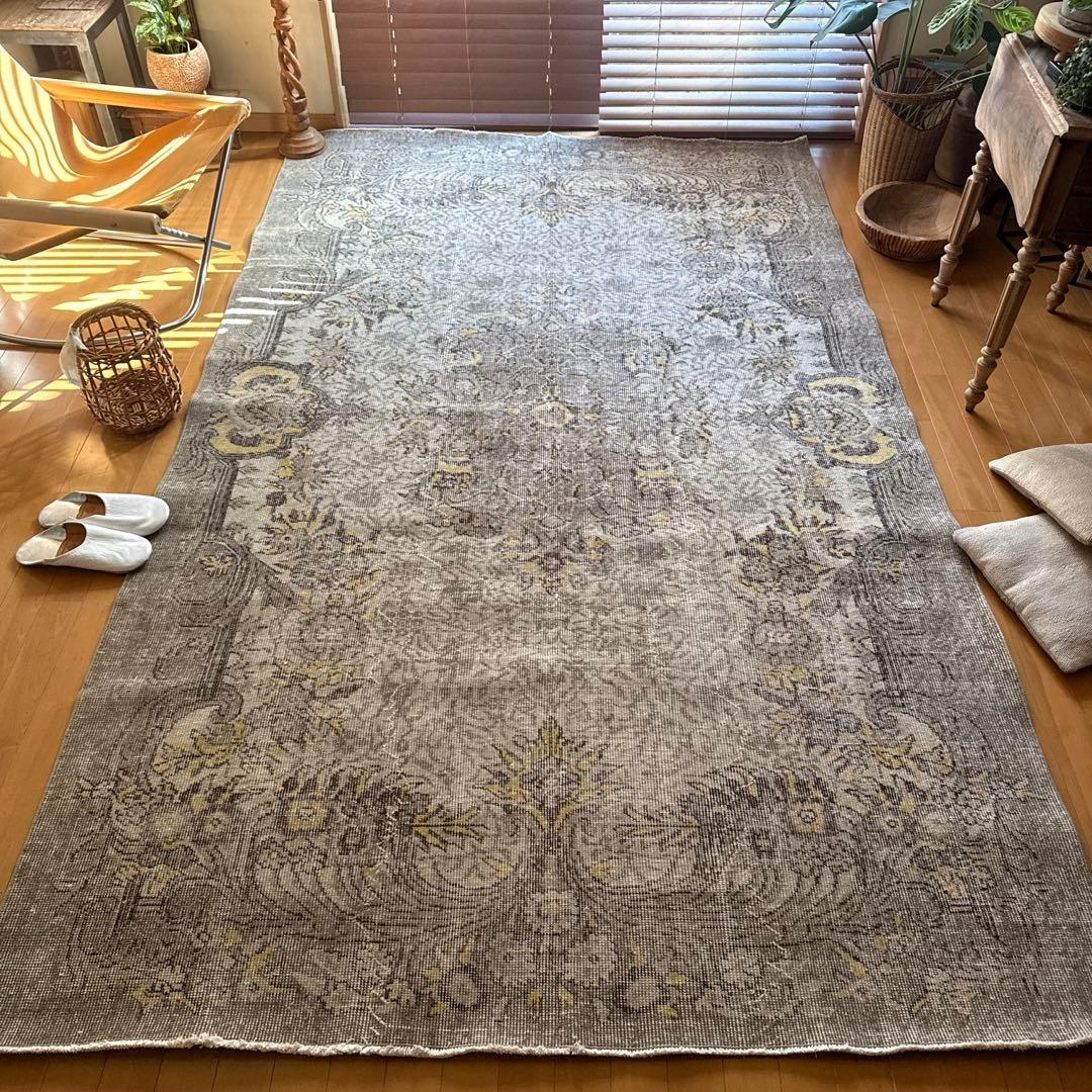 超大判レア166×277グレージュ×イエロー　メダリオン　トルコヴィンテージラグ